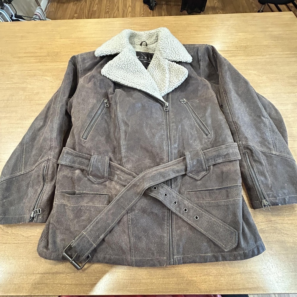Winlit Jacket Mens Small Brown‎ Leather Biker Sherpa Collar Belted Zip Lined